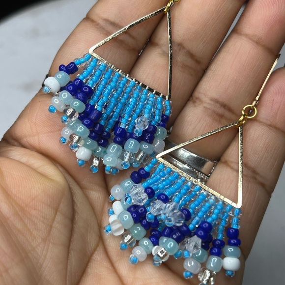 Vibrant Blue Beaded Triangle Earrings - Picture 2 of 3